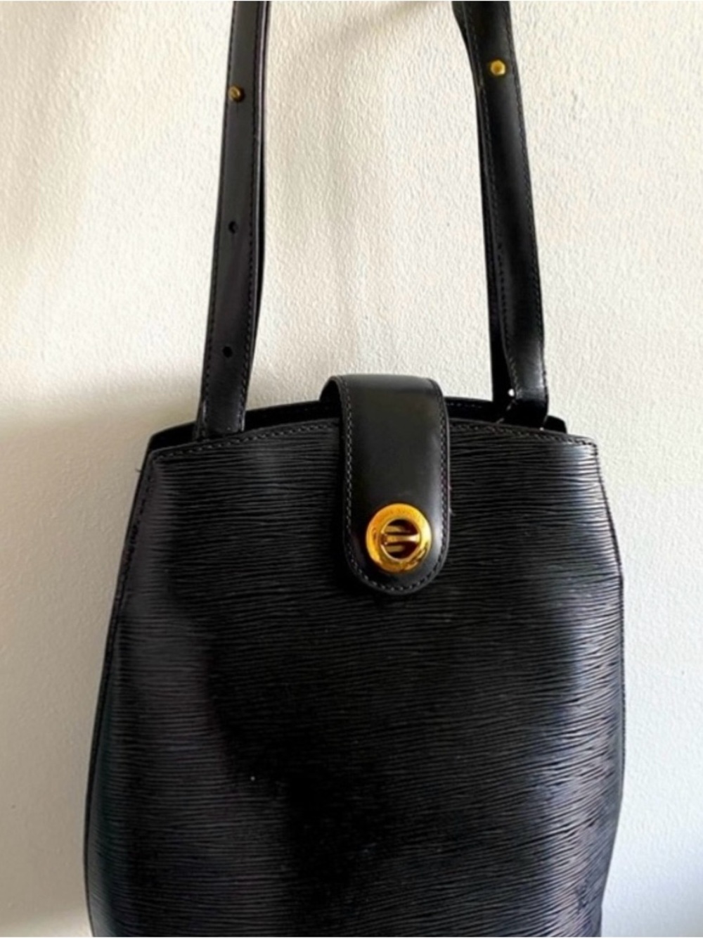 Louis Vuitton Black Structured Shoulder Bag with Gold Accent